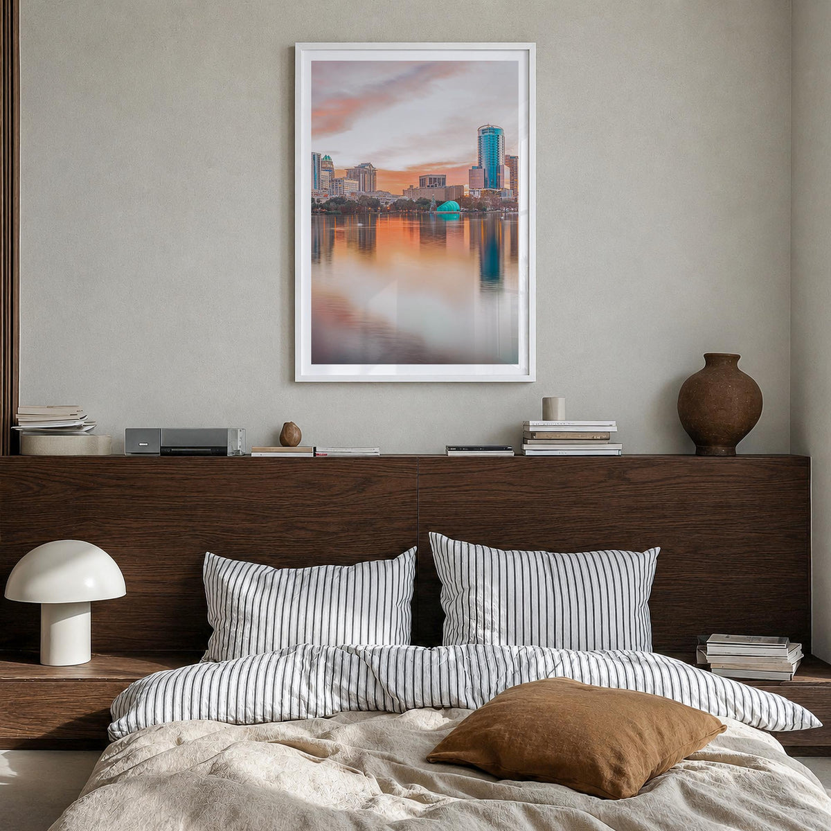Orlando no. 1 colorful photo poster of Florida, USA – vertical wall art in white wood frame with white border, hanging on wal