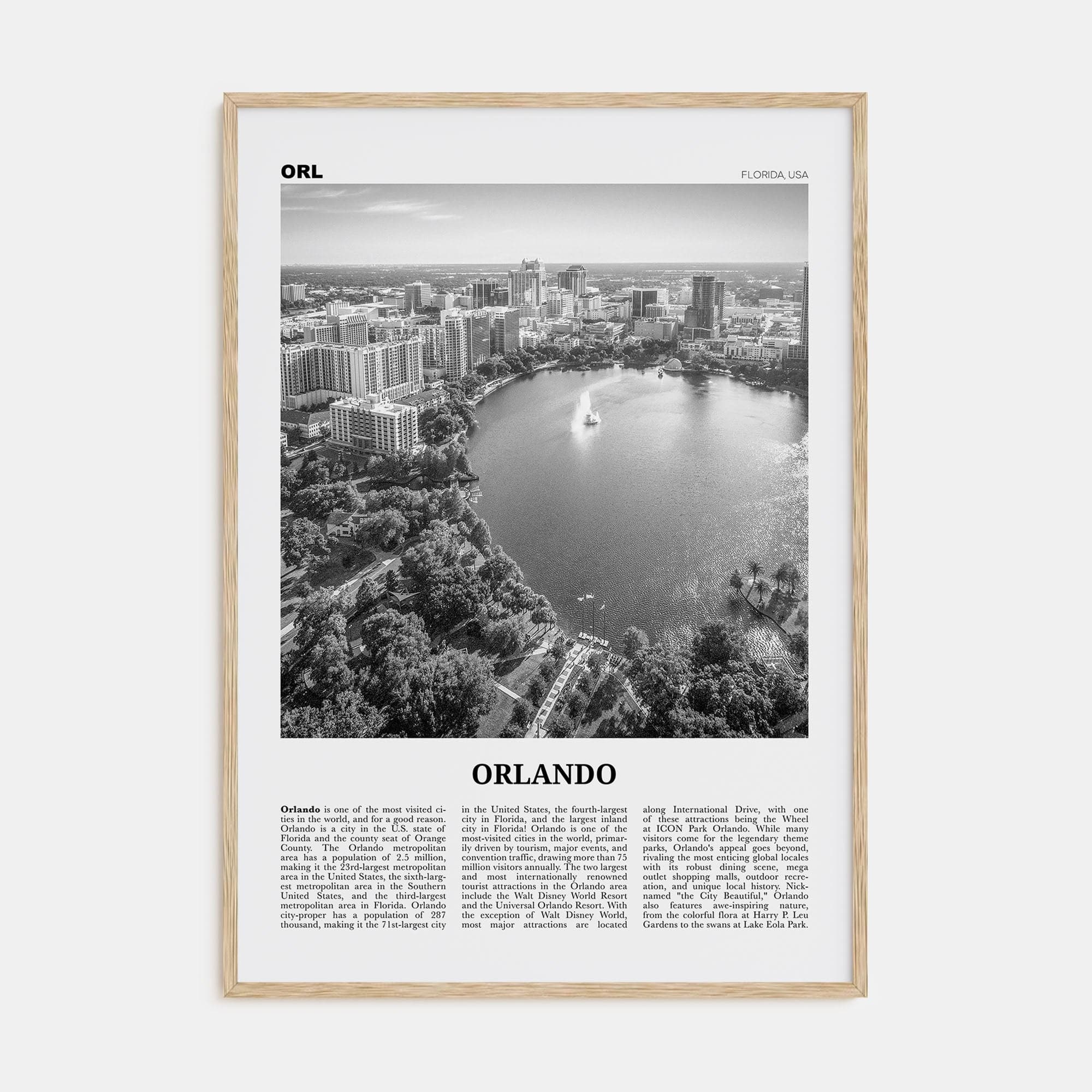 Orlando No 1 Poster Natural Wood / 8x12 in Nbourhood Travel B&W Poster