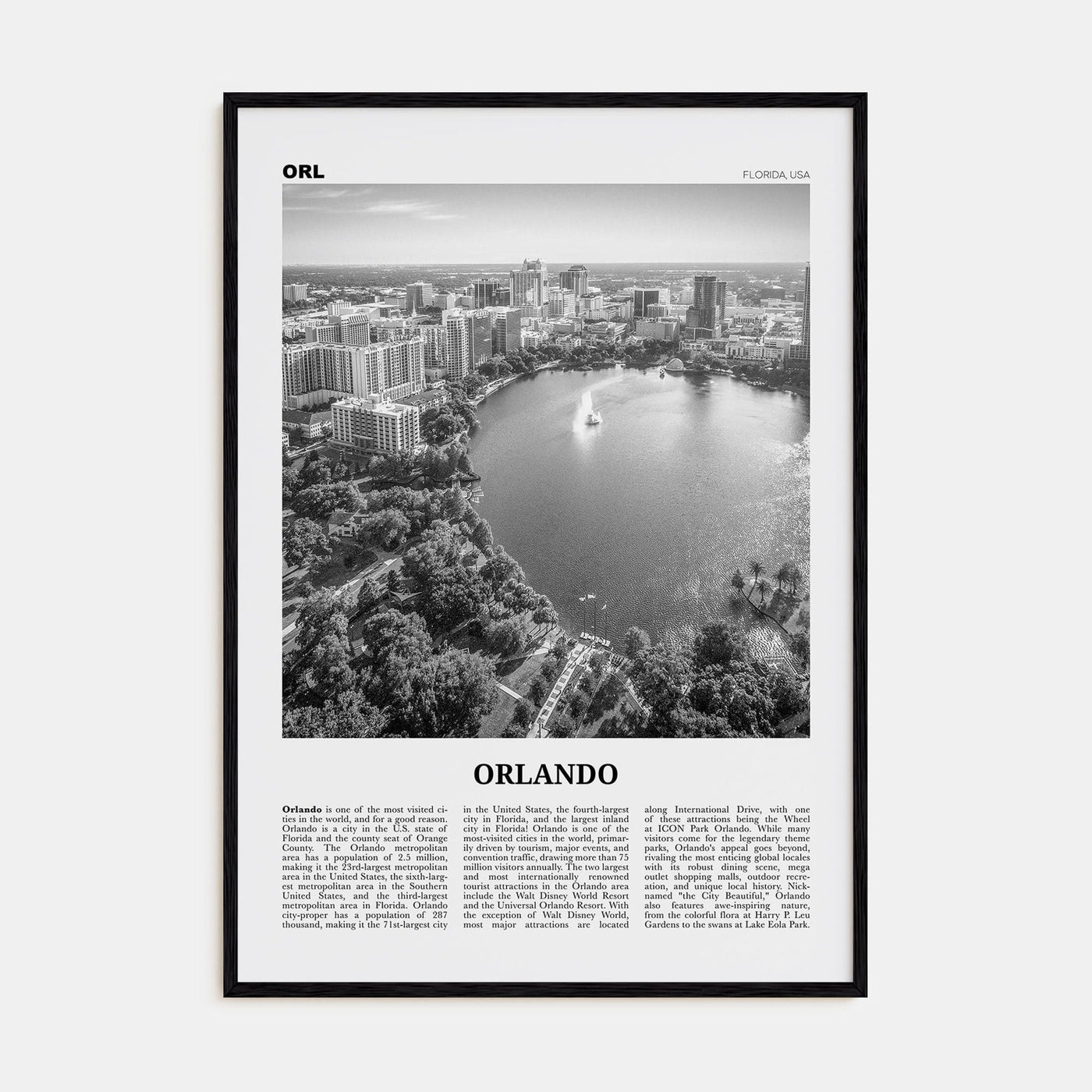 Orlando No 1 Poster Black Wood / 8x12 in Nbourhood Travel B&W Poster