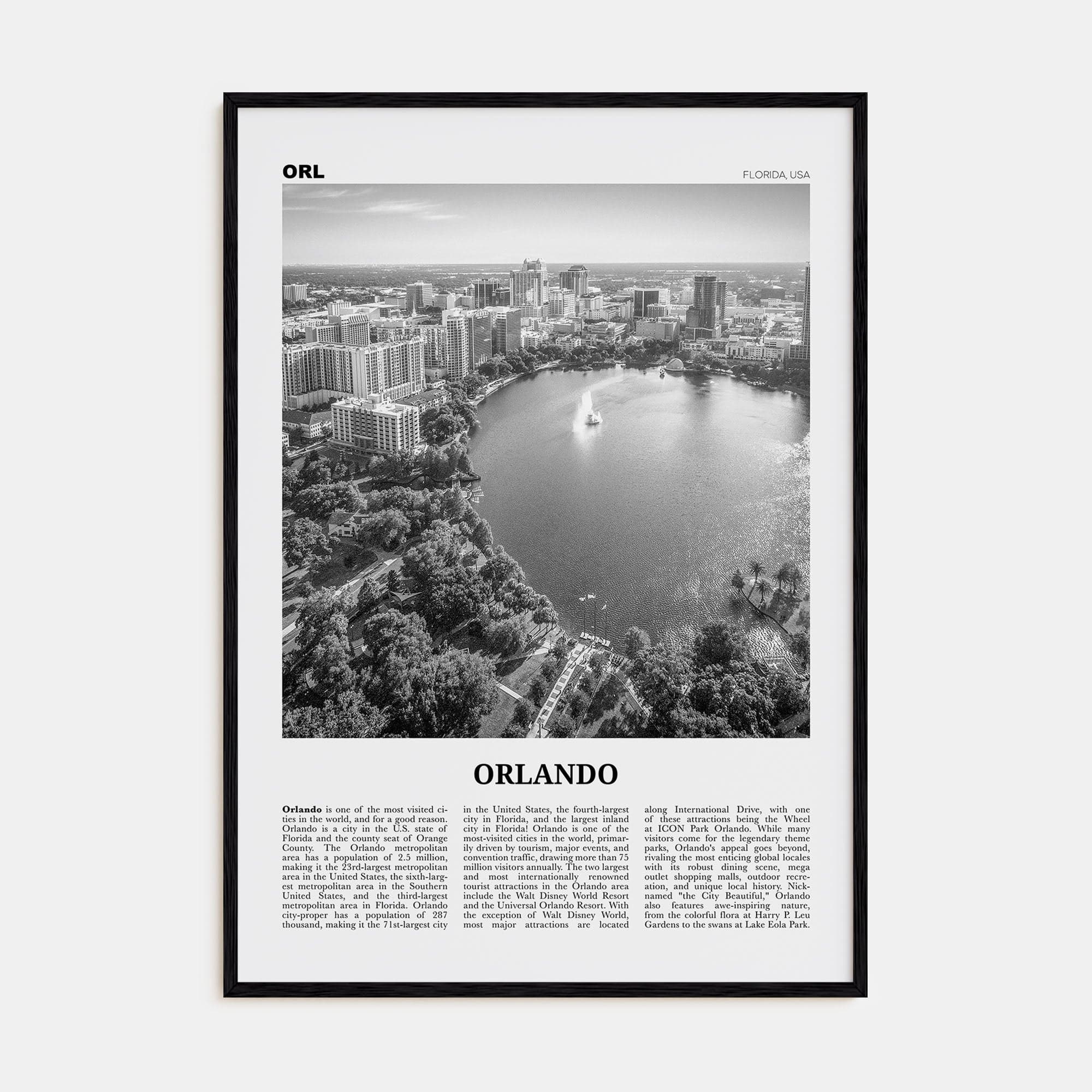 Orlando No 1 Poster Black Wood / 8x12 in Nbourhood Travel B&W Poster