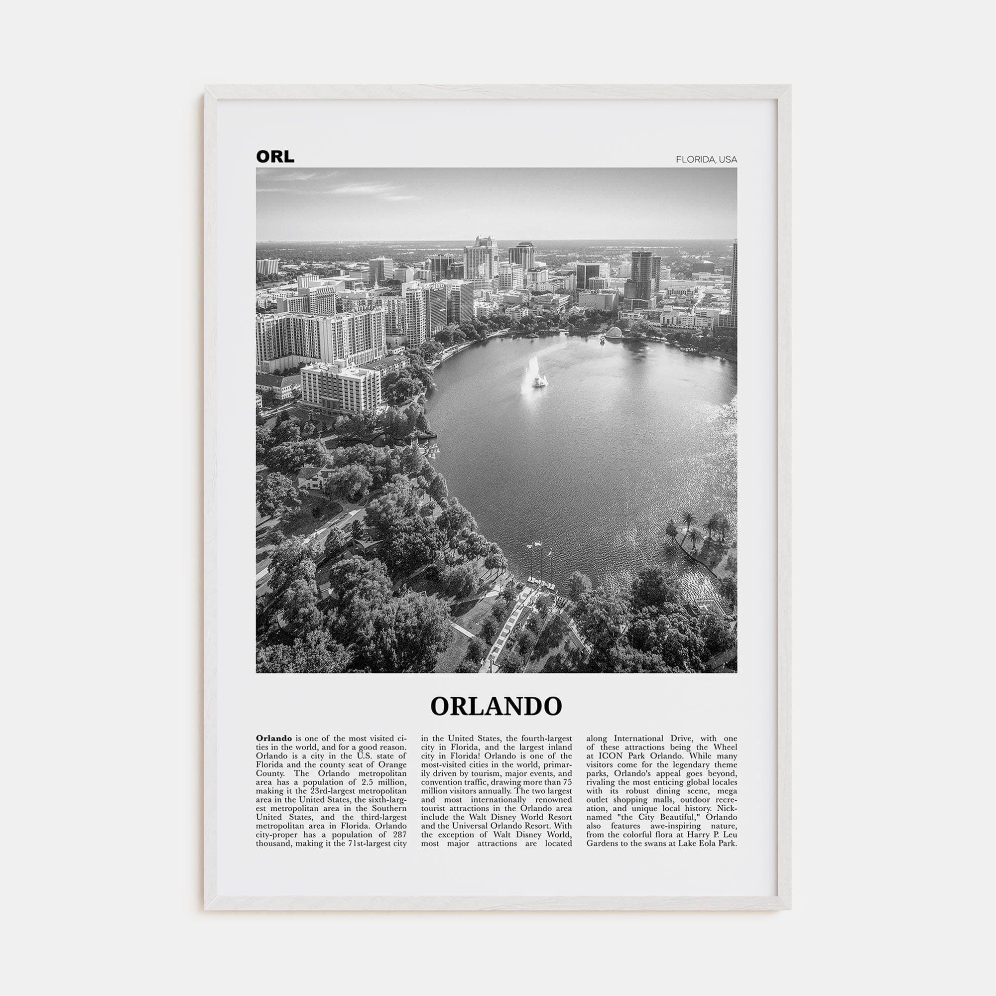 Orlando No 1 Poster White Wood / 8x12 in Nbourhood Travel B&W Poster