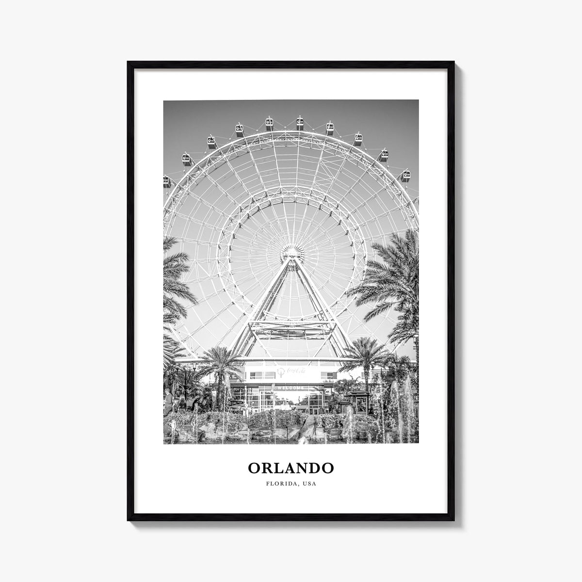 Orlando no. 2 black & white classic poster of Florida, USA – vertical wall art, unframed print shown in interior mockup