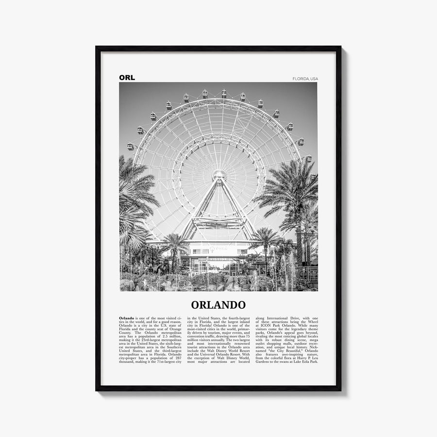 Orlando no. 2 black & white newspaper poster of Florida, USA – vertical wall art, unframed print shown in interior mockup