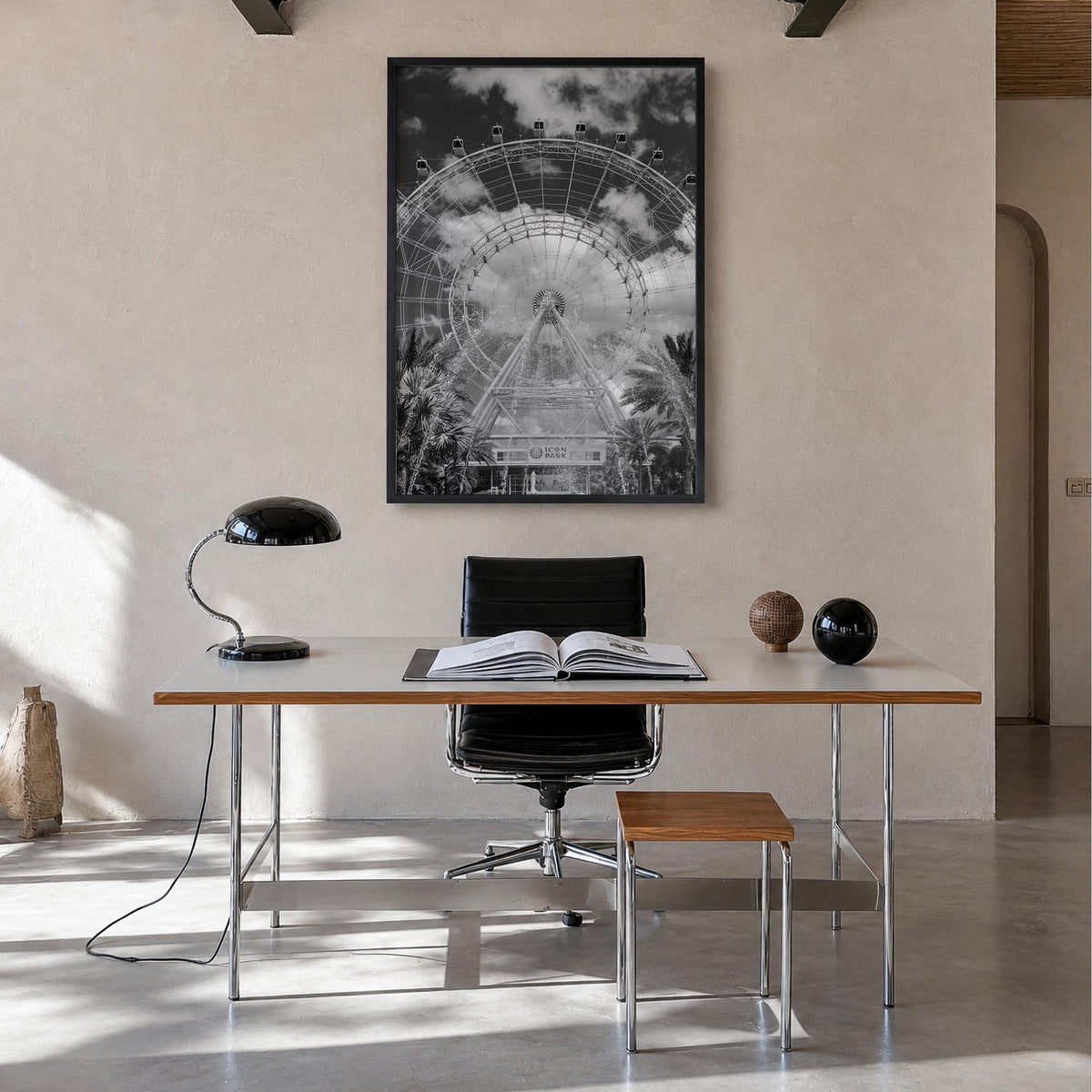 Orlando no. 2 black & white photo poster of Florida, USA – vertical wall art in black wood frame, hanging on wall