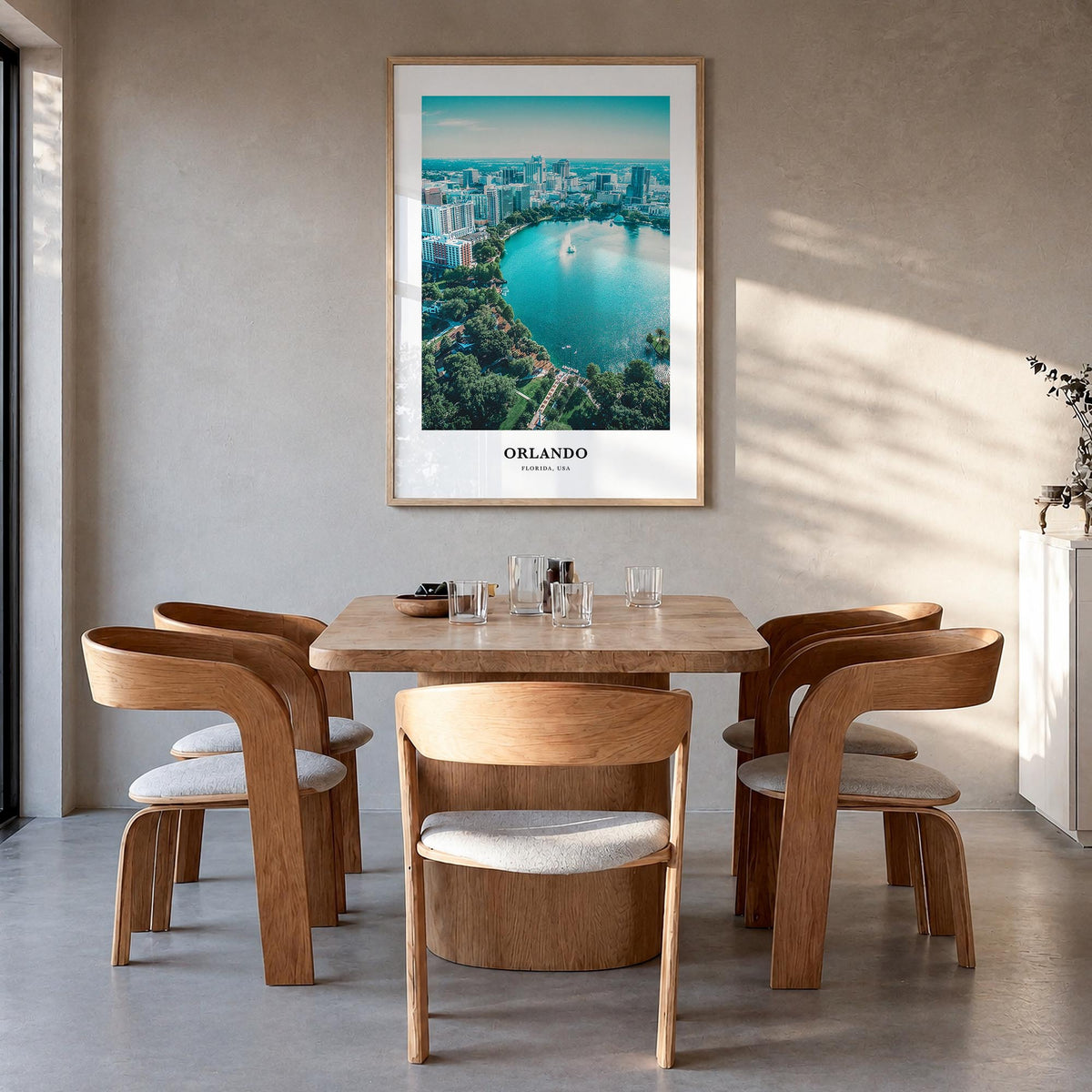 Orlando no. 2 colorful classic poster of Florida, USA – vertical wall art in natural wood frame, hanging on wall