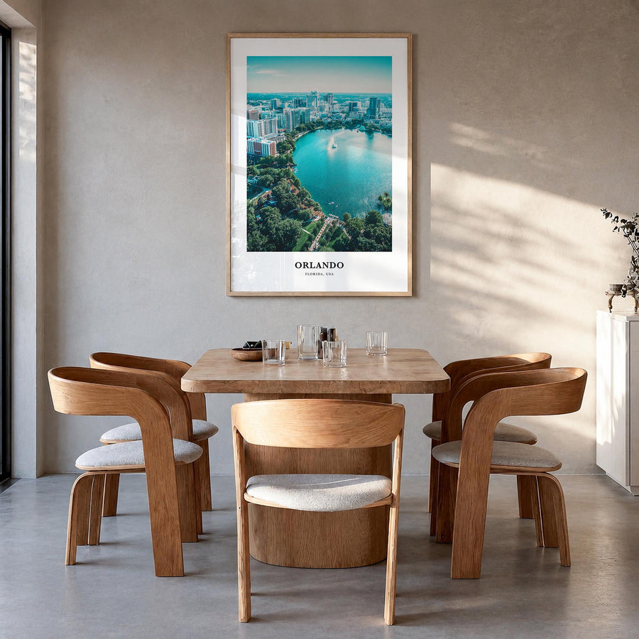 Orlando no. 2 colorful classic poster of Florida, USA – vertical wall art in natural wood frame, hanging on wall