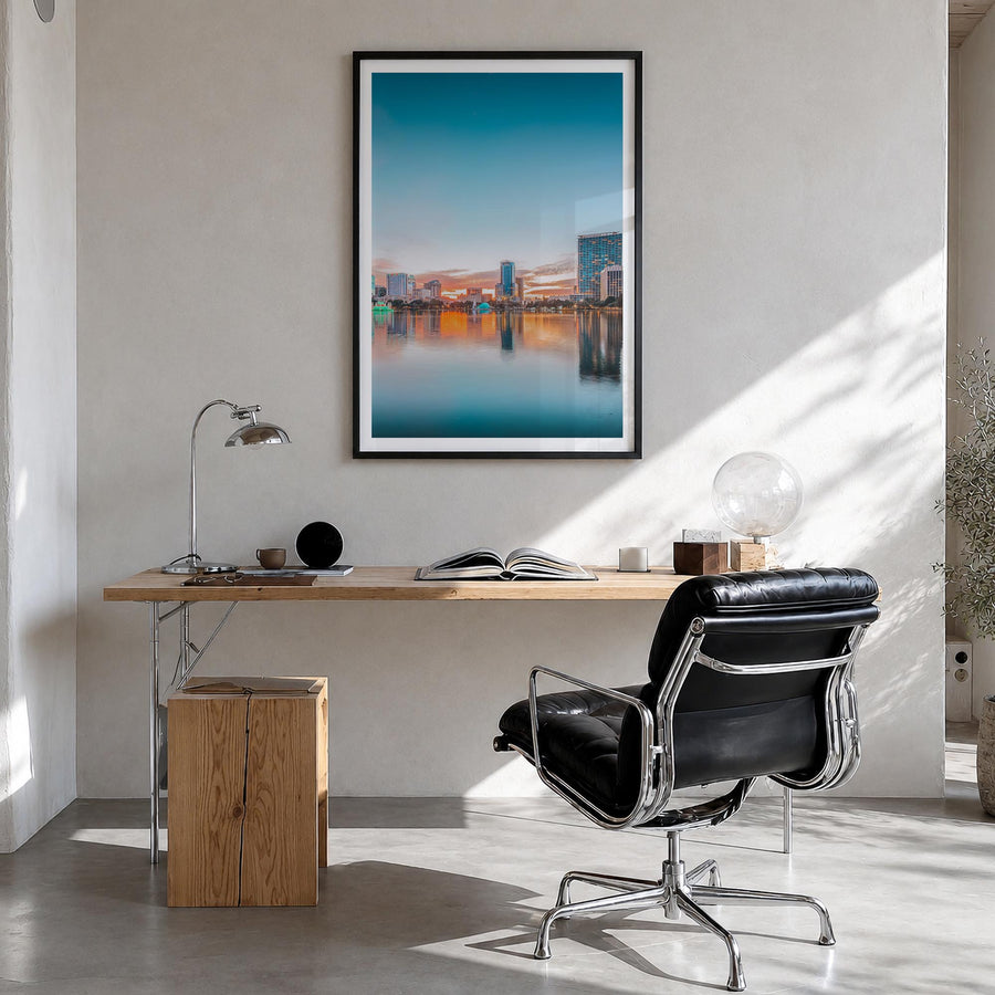 Orlando no. 2 colorful photo poster of Florida, USA – vertical wall art in black wood frame with white border, hanging on wal