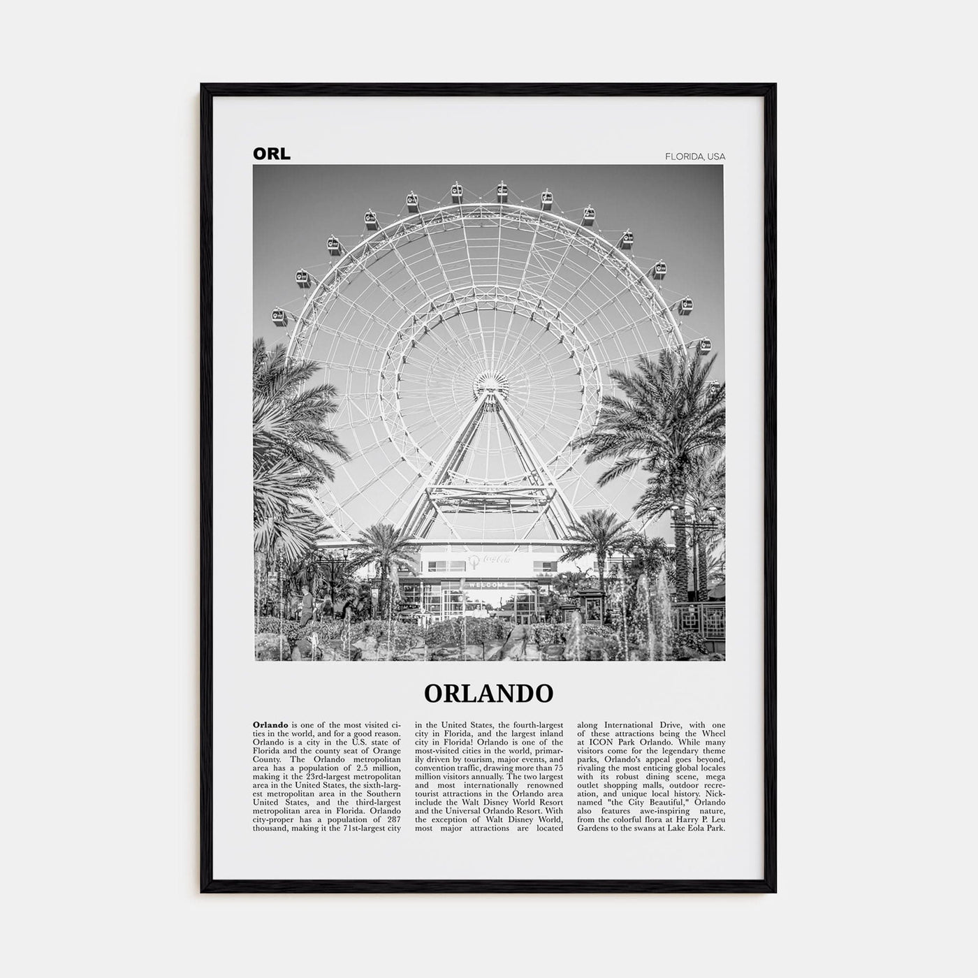 Orlando No 2 Poster Black Wood / 8x12 in Nbourhood Travel B&W Poster