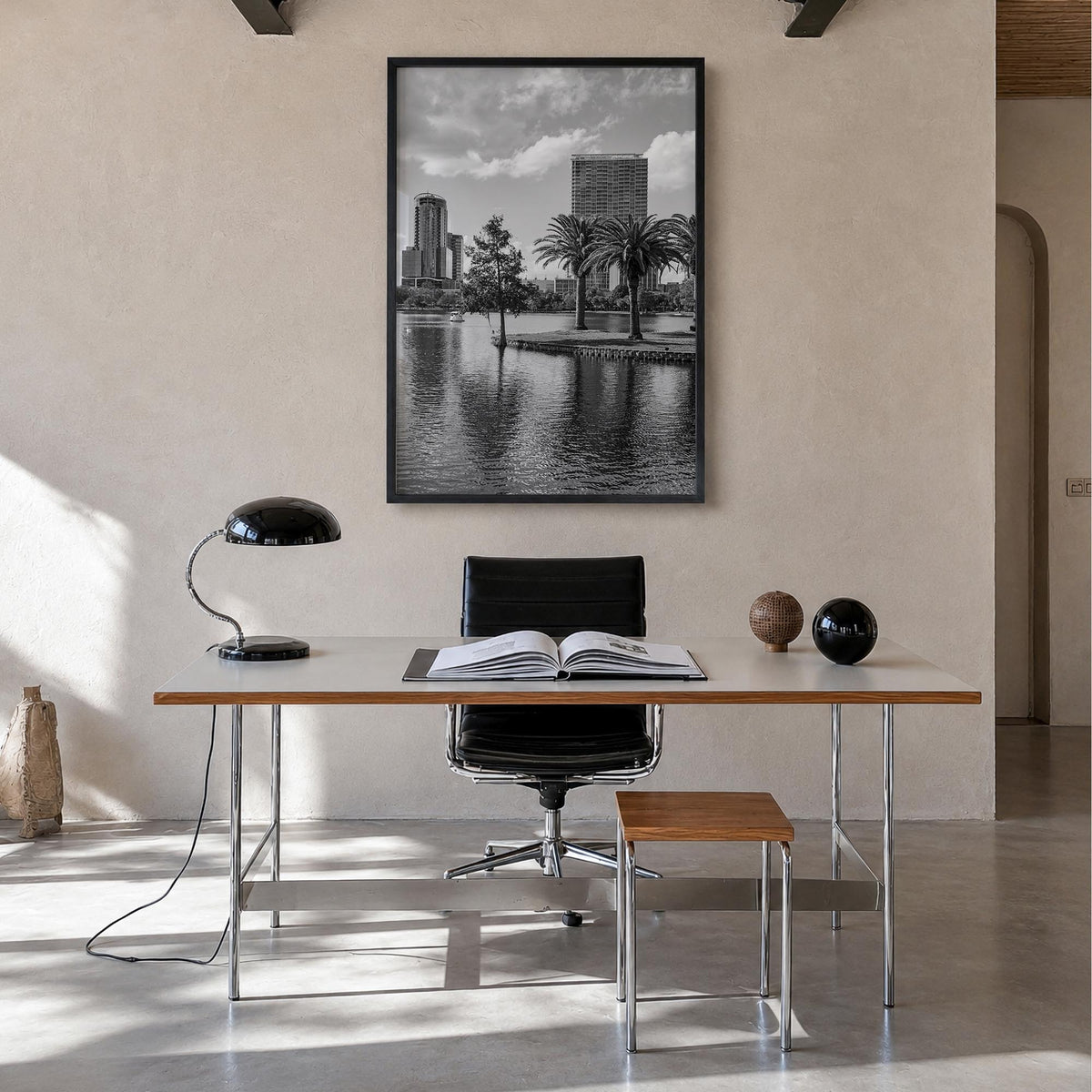 Orlando no. 3 black & white photo poster of Florida, USA – vertical wall art in black wood frame, hanging on wall