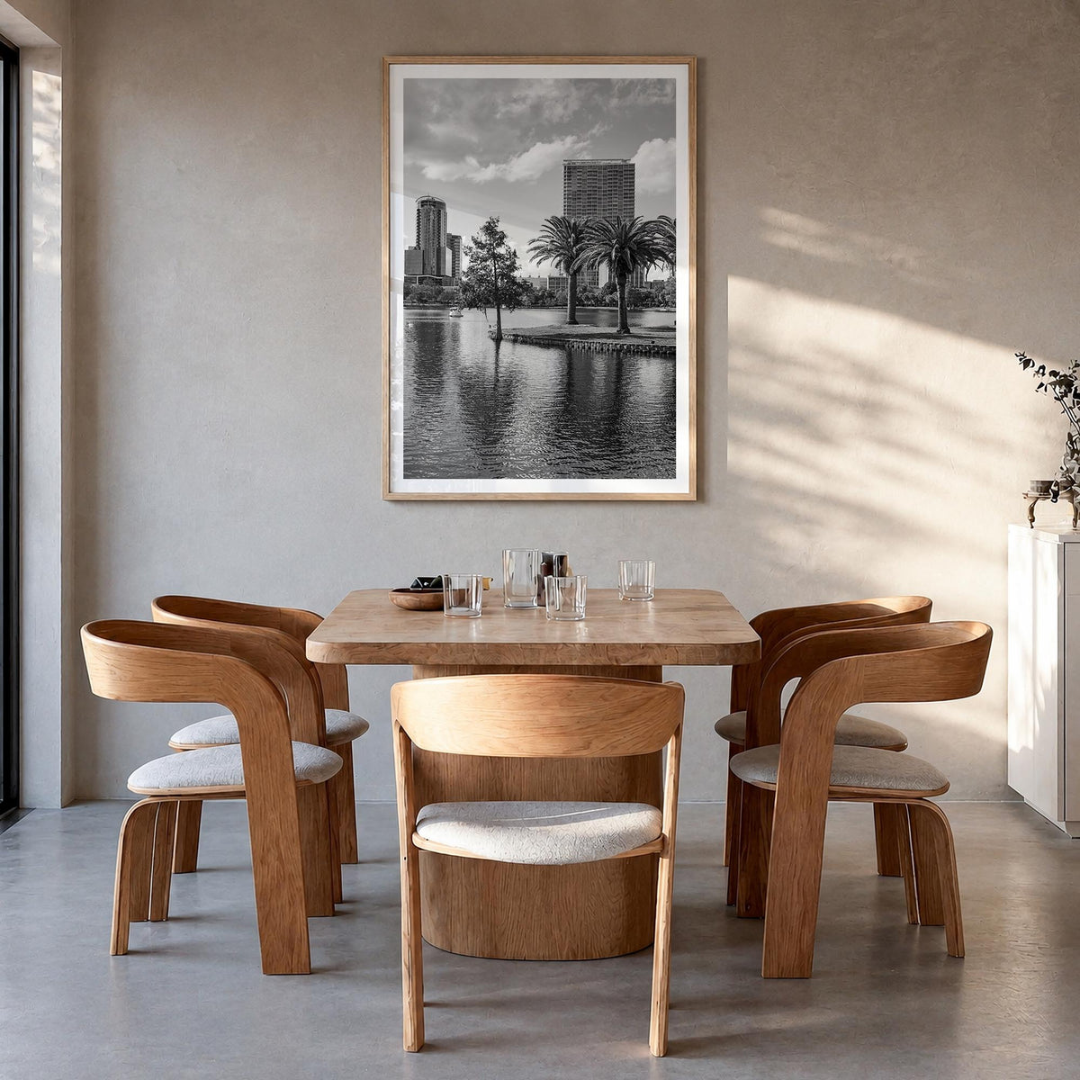 Orlando no. 3 black & white photo poster of Florida, USA – vertical wall art in natural wood frame with white border, hanging