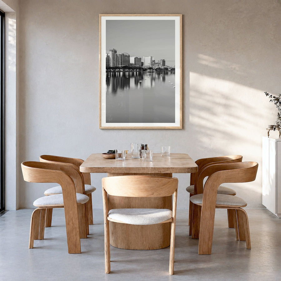 Orlando Photo No 1 Poster in a natural wood frame, hanging in a dining room, white border
