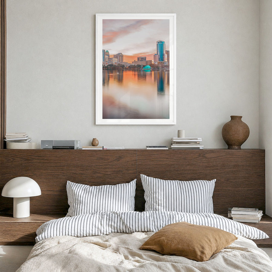 Orlando Photo No 1 Poster in a white wood frame, hanging in a bedroom, white border