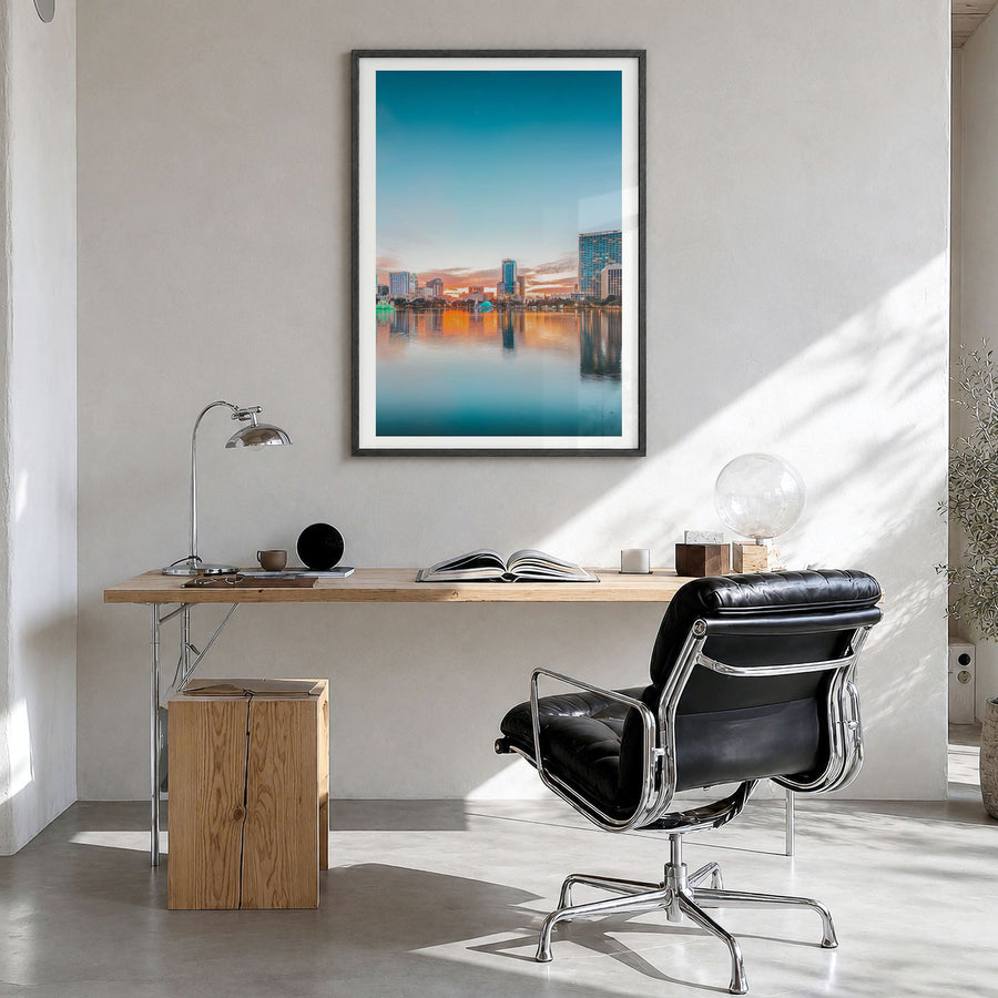 Orlando Photo No 2 Poster in a black wood frame, hanging in a bright home office, white border