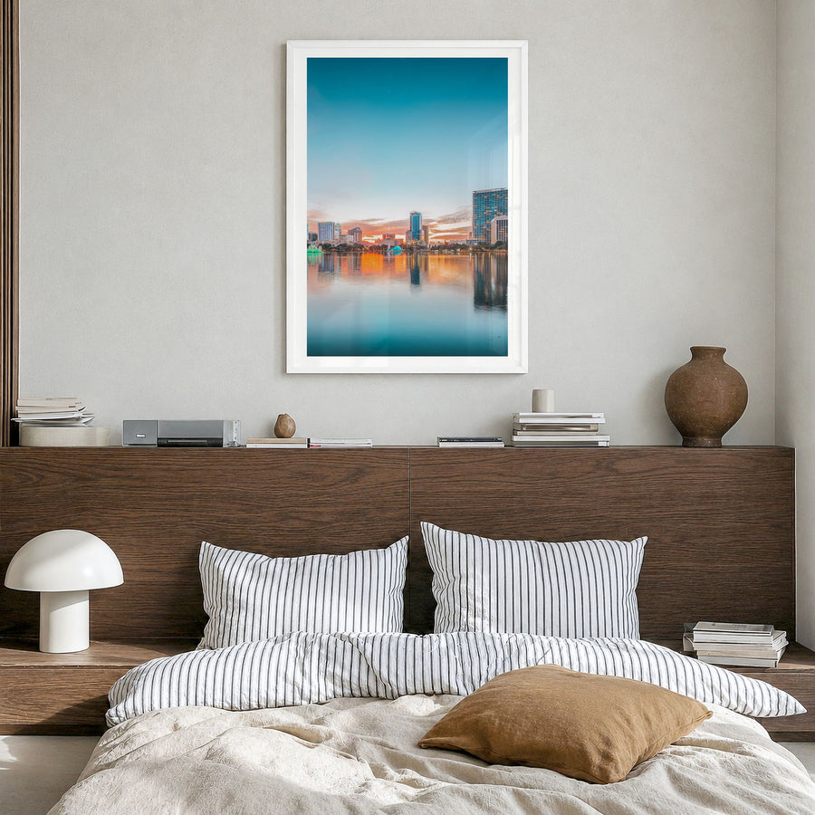 Orlando Photo No 2 Poster in a white wood frame, hanging in a bedroom, white border
