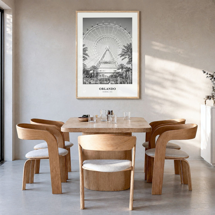 Orlando Classic No 2 Poster in a natural wood frame, hanging in a dining room