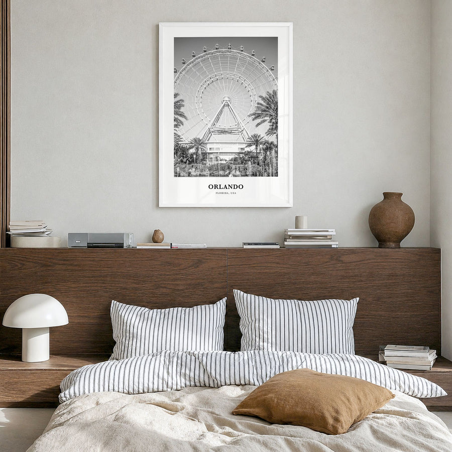 Orlando Classic No 2 Poster in a white wood frame, hanging in a bedroom
