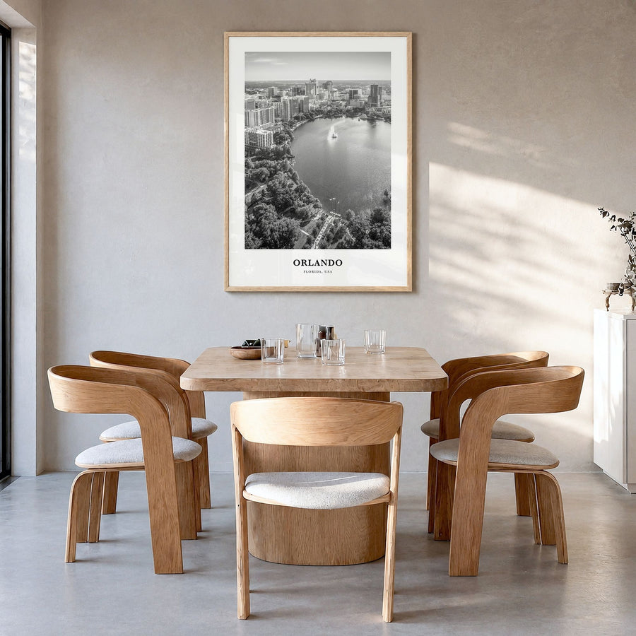 Orlando Classic No 3 Poster in a natural wood frame, hanging in a dining room