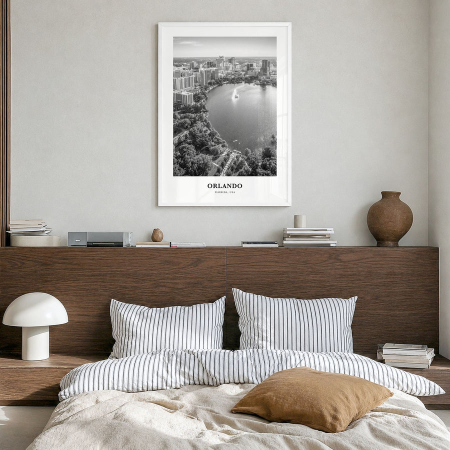 Orlando Classic No 3 Poster in a white wood frame, hanging in a bedroom