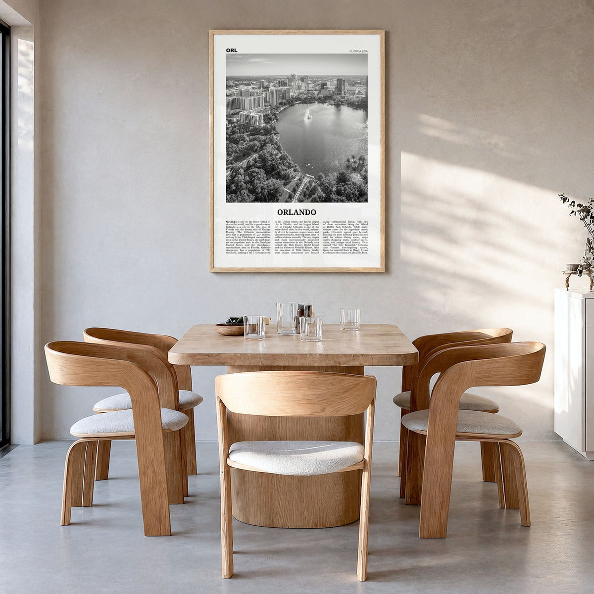 Orlando Newspaper No 1 Poster in a natural wood frame, hanging in a dining room