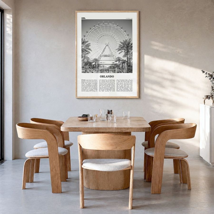 Orlando Newspaper No 2 Poster in a natural wood frame, hanging in a dining room