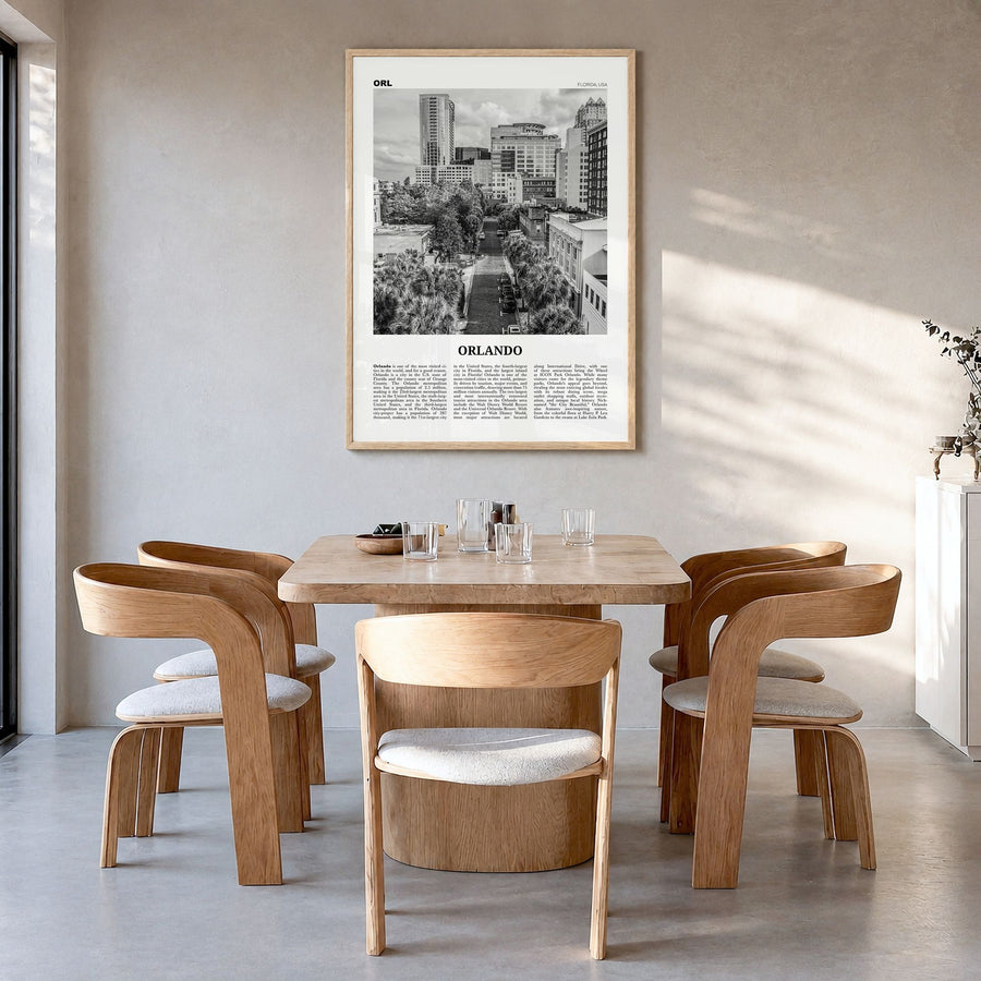 Orlando Newspaper No 3 Poster in a natural wood frame, hanging in a dining room