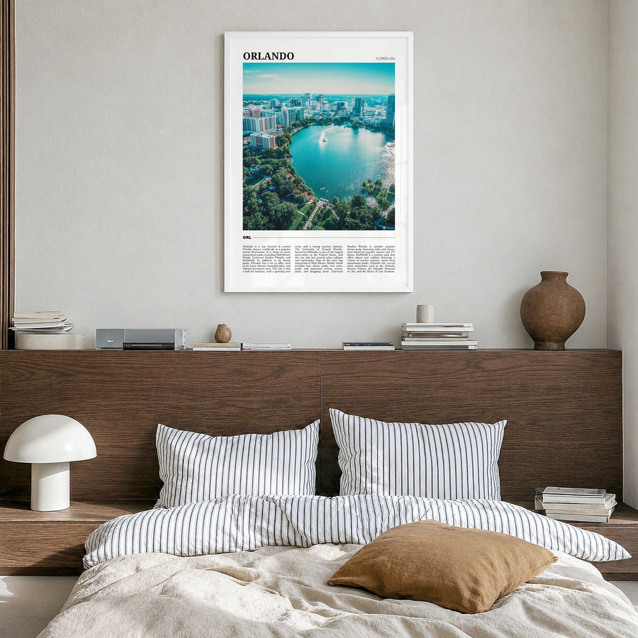 Orlando Travel No 2 Poster in a white wood frame, hanging in a bedroom