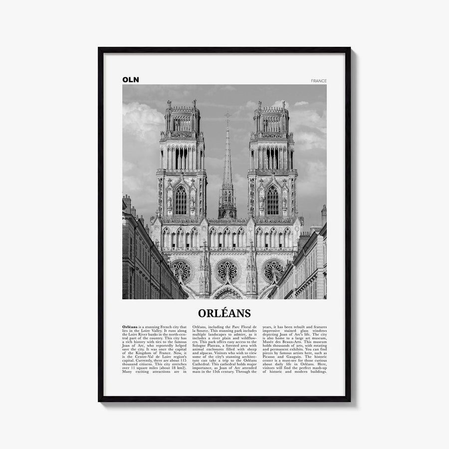 Orléans black & white newspaper poster of Canada – vertical wall art, unframed print shown in interior mockup