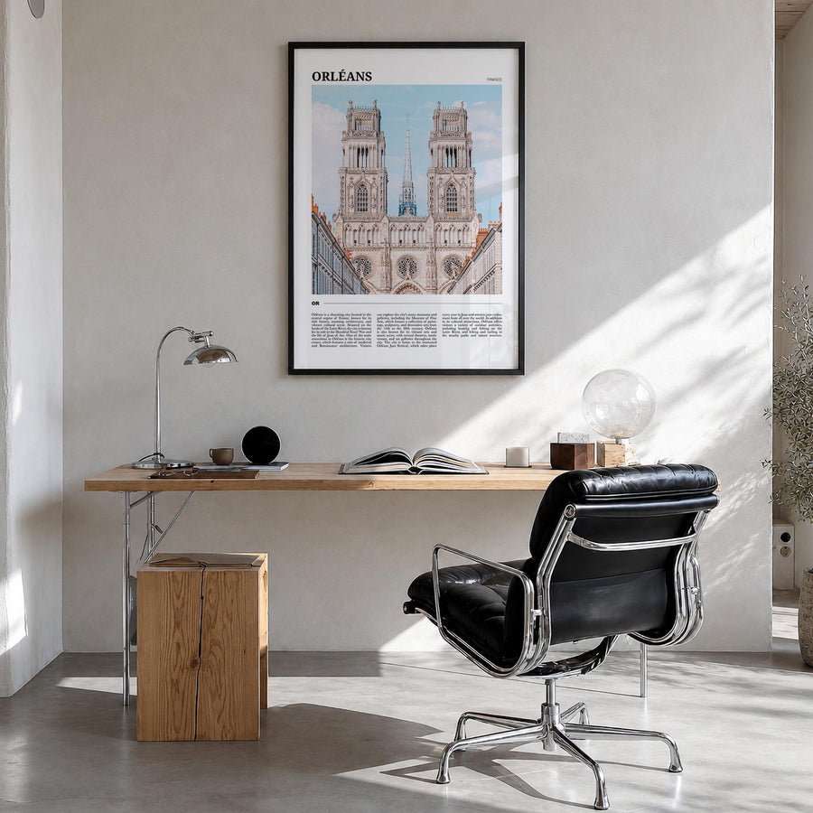 Orléans colorful travel poster of France – vertical wall art in black wood frame, hanging on wall