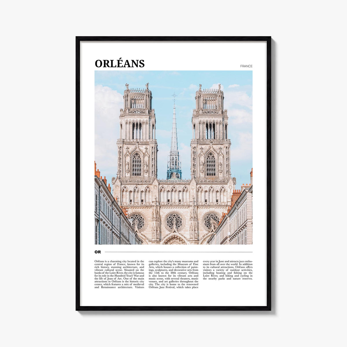 Orléans colorful travel poster of Canada – vertical wall art, unframed print shown in interior mockup