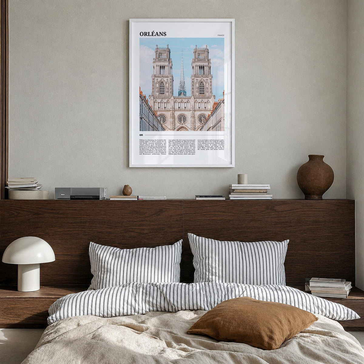 Orléans colorful travel poster of Canada – vertical wall art in white wood frame, hanging on wall