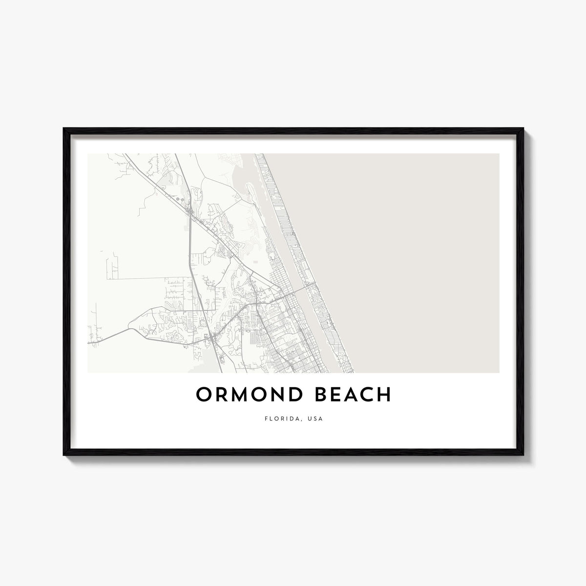 Ormond Beach black & white map poster of Florida, USA – horizontal wall art, unframed print shown in interior mockup