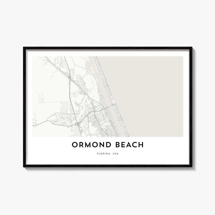 Ormond Beach black & white map poster of Florida, USA – horizontal wall art, unframed print shown in interior mockup
