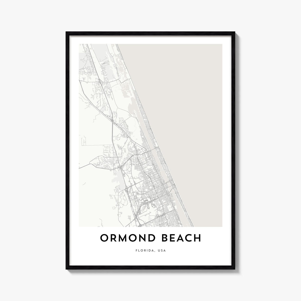Ormond Beach black & white map poster of Florida, USA – vertical wall art, unframed print shown in interior mockup