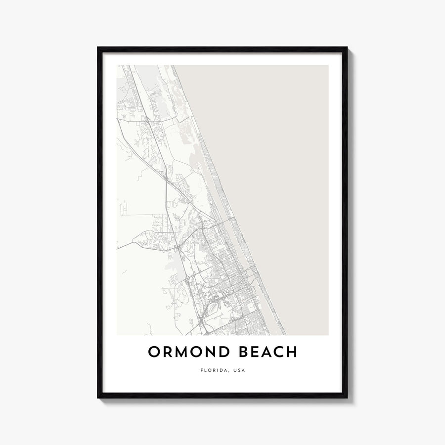 Ormond Beach black & white map poster of Florida, USA – vertical wall art, unframed print shown in interior mockup