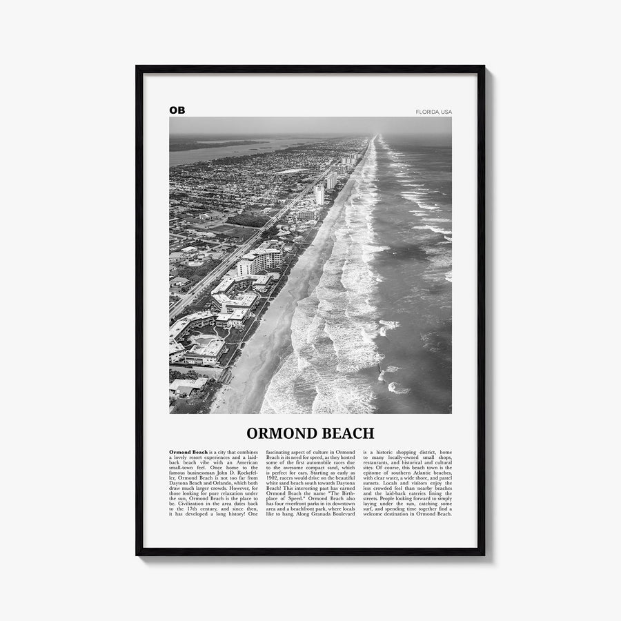 Ormond Beach black & white newspaper poster of Florida, USA – vertical wall art, unframed print shown in interior mockup