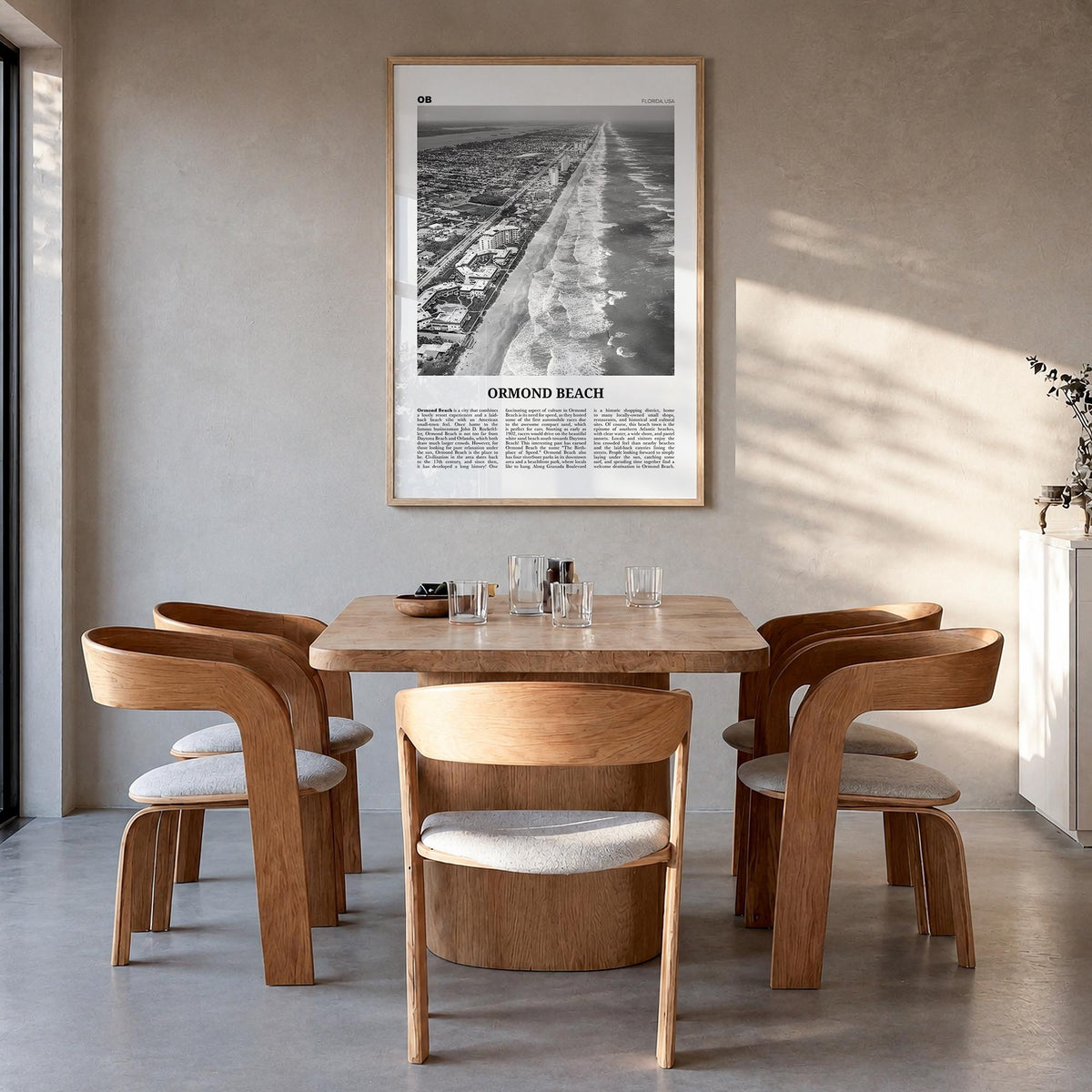Ormond Beach black & white newspaper poster of Florida, USA – vertical wall art in natural wood frame, hanging on wall