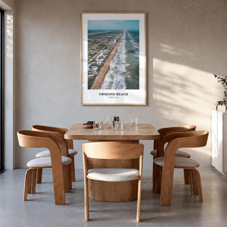 Ormond Beach colorful classic poster of Florida, USA – vertical wall art in natural wood frame, hanging on wall