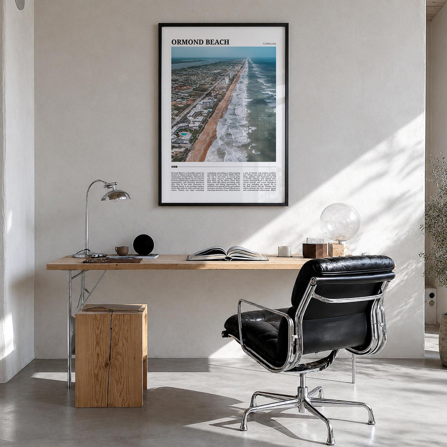Ormond Beach colorful travel poster of Florida, USA – vertical wall art in black wood frame, hanging on wall