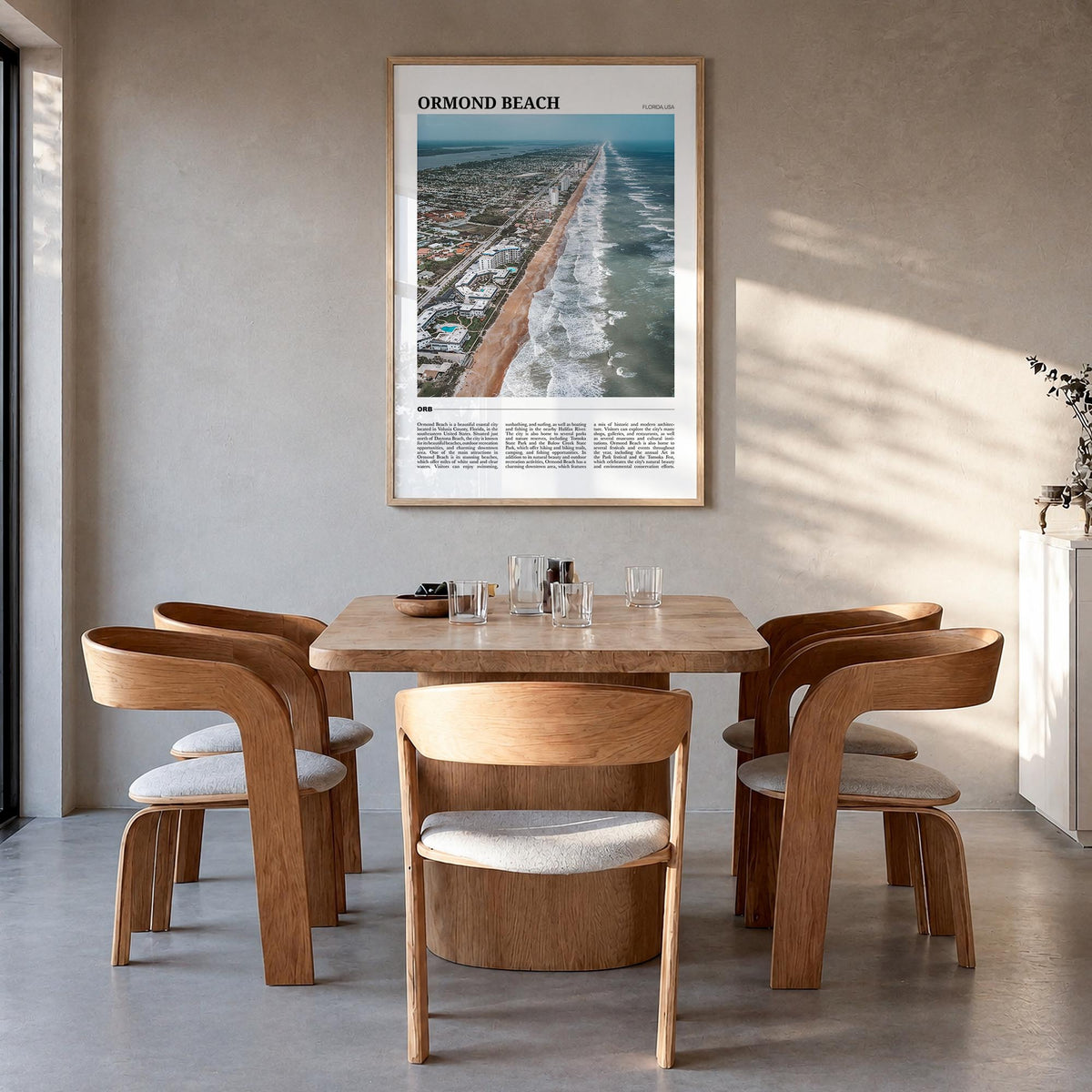 Ormond Beach colorful travel poster of Florida, USA – vertical wall art in natural wood frame, hanging on wall