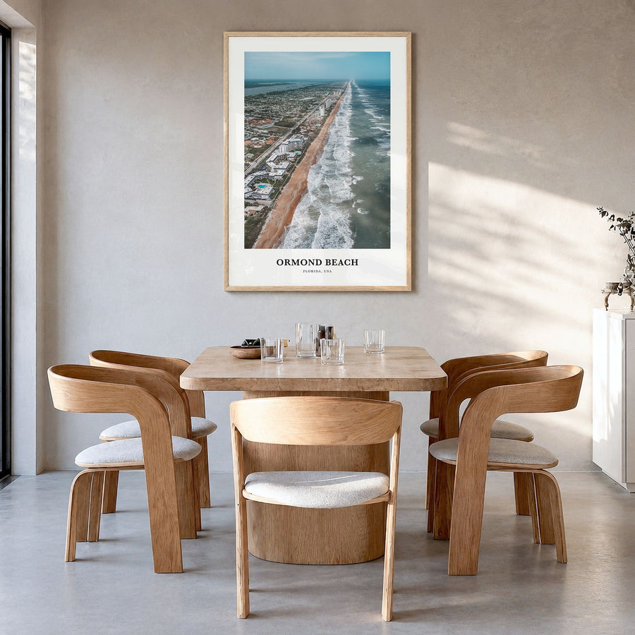 Ormond Beach Classic Poster in a natural wood frame, hanging in a dining room