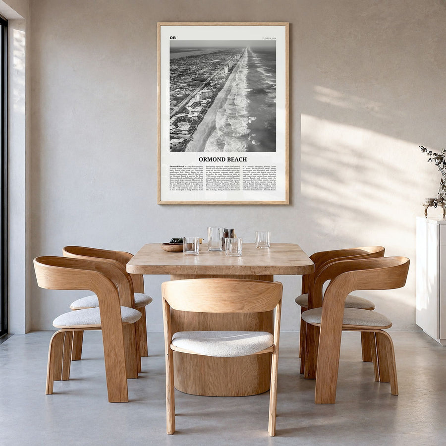 Ormond Beach Newspaper Poster in a natural wood frame, hanging in a dining room