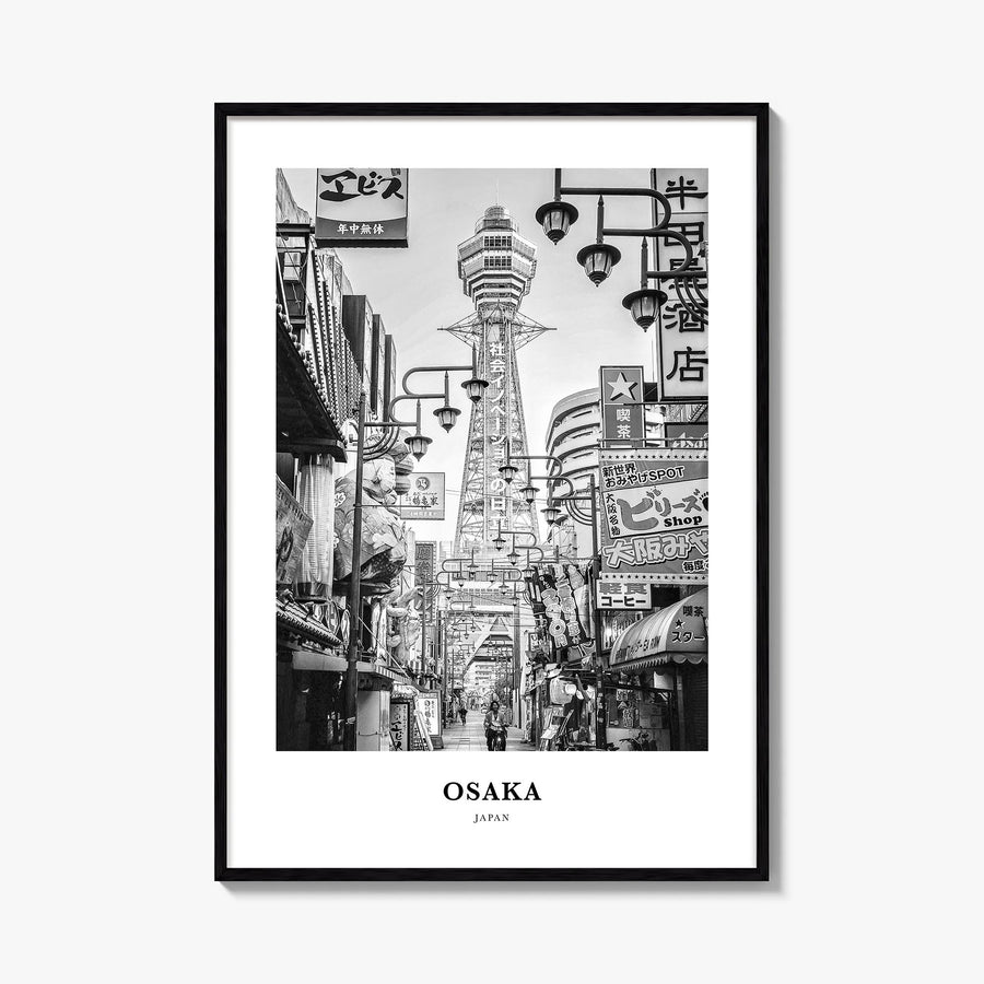 Osaka black & white classic poster of Japan – vertical wall art, unframed print shown in interior mockup