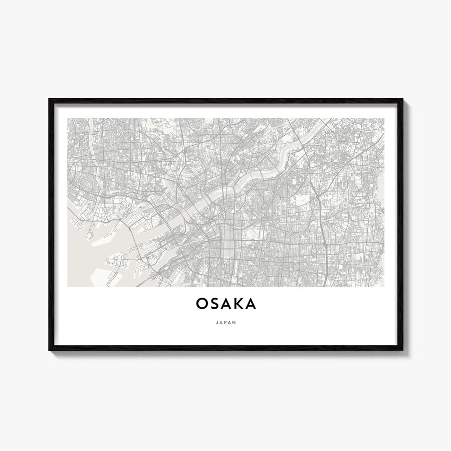 Osaka black & white map poster of Japan – horizontal wall art, unframed print shown in interior mockup