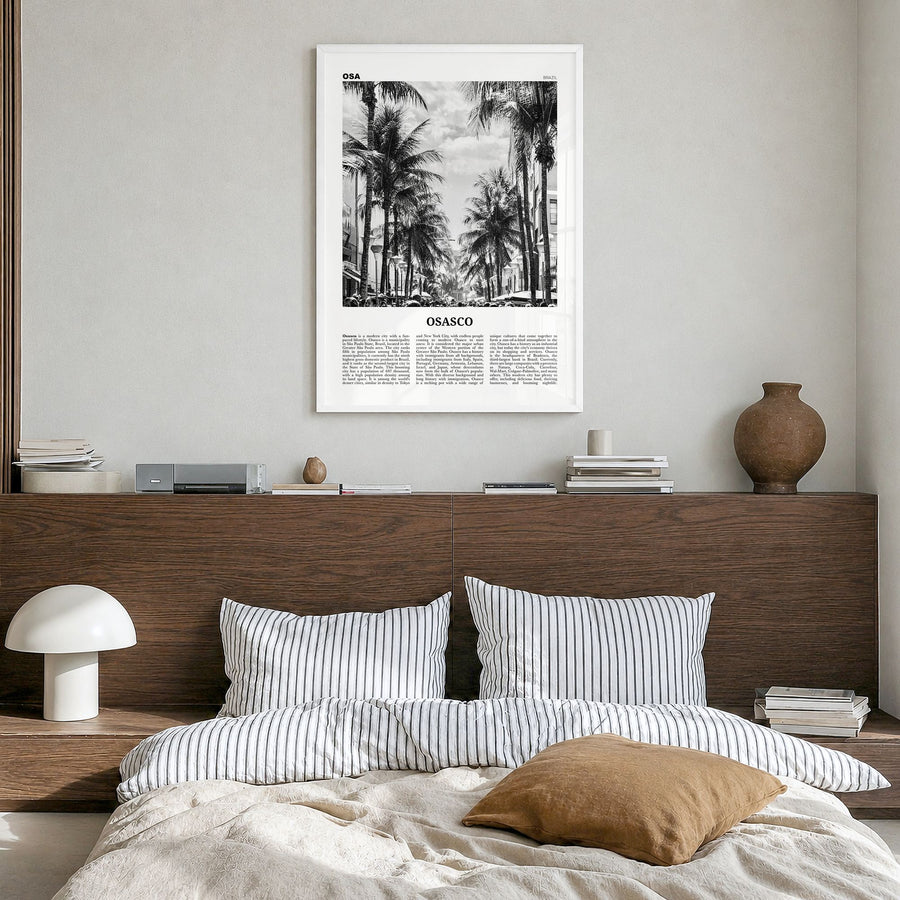 Osasco Newspaper Poster in a white wood frame, hanging in a bedroom