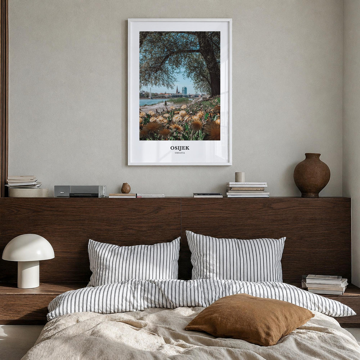 Osijek colorful classic poster of Croatia – vertical wall art in white wood frame, hanging on wall