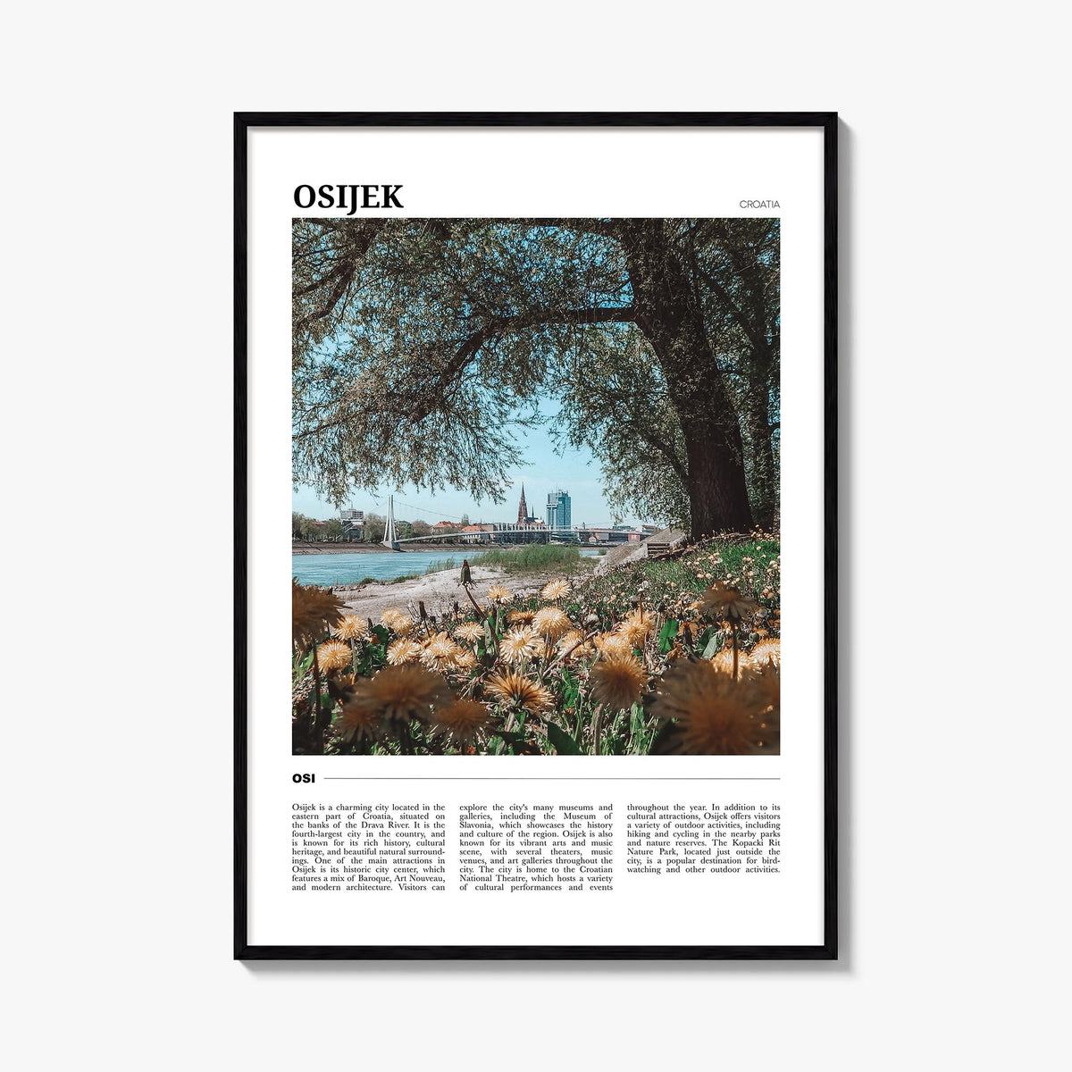 Osijek colorful travel poster of Croatia – vertical wall art, unframed print shown in interior mockup