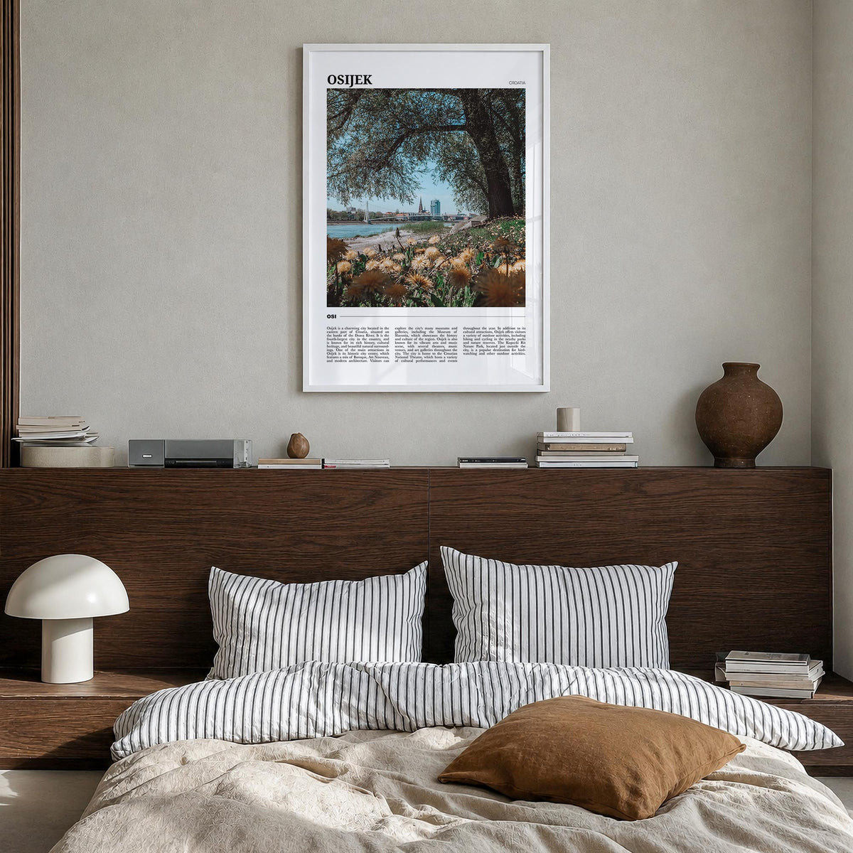 Osijek colorful travel poster of Croatia – vertical wall art in white wood frame, hanging on wall