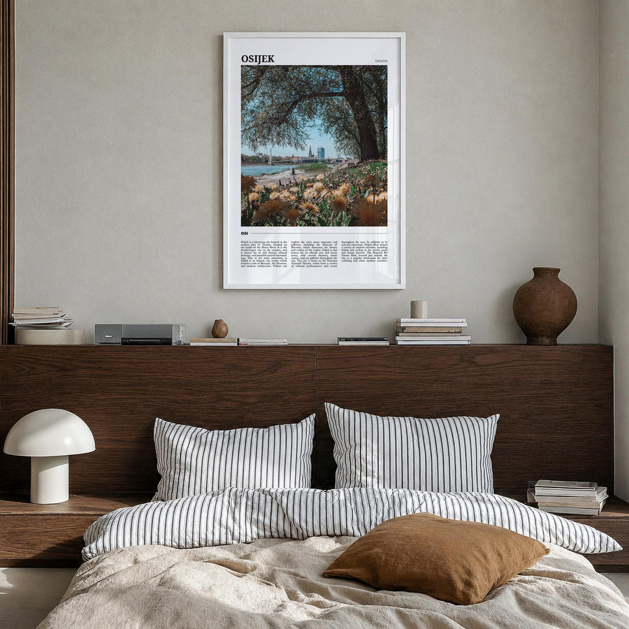 Osijek colorful travel poster of Croatia – vertical wall art in white wood frame, hanging on wall