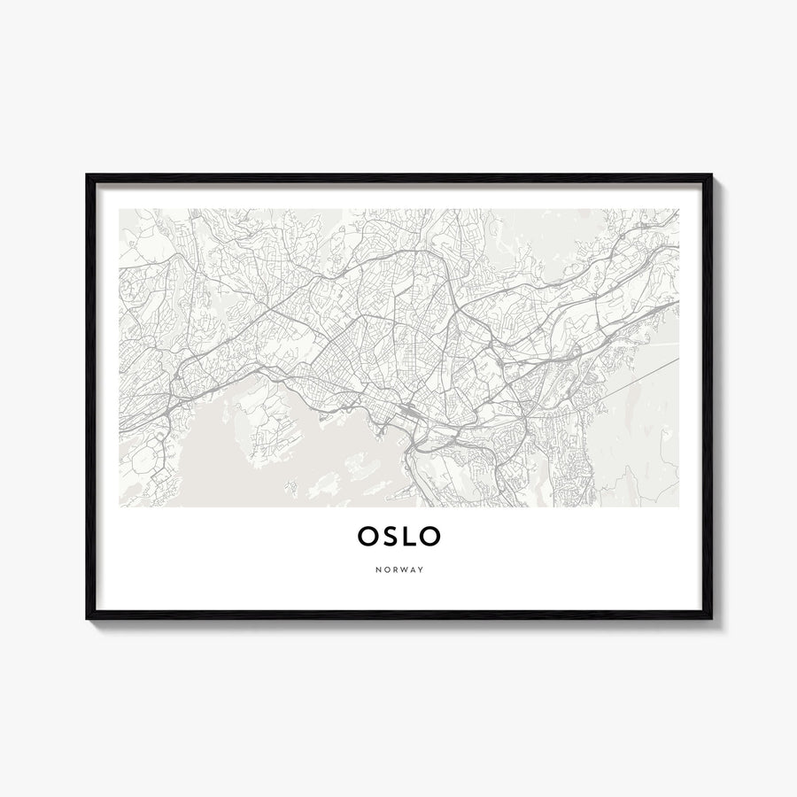 Oslo black & white map poster of Norway – horizontal wall art, unframed print shown in interior mockup