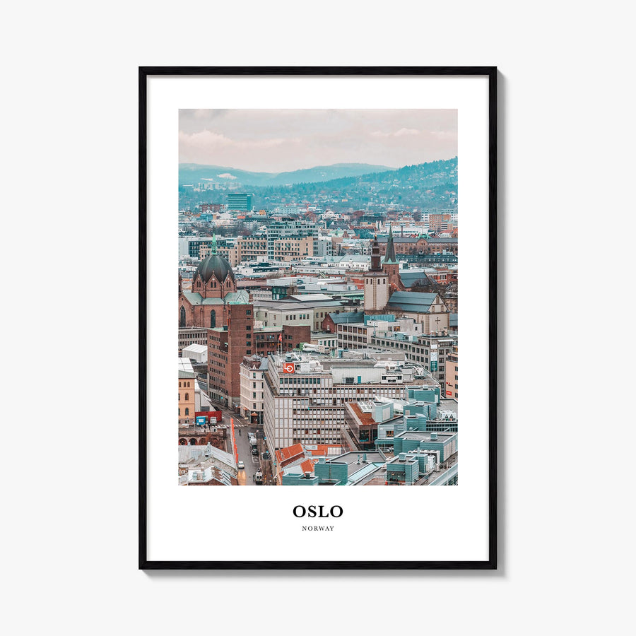 Oslo colorful classic poster of Norway – vertical wall art, unframed print shown in interior mockup